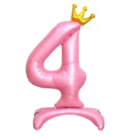 Шар фольга Falali (32''/81 см) Цифра, 4 Золотая корона, на подставке, Розовый, 1 шт.в уп.(надув воздухом) Розовый - фото