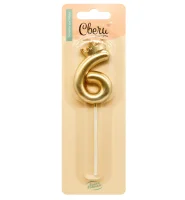 Свеча Цифра, 6 Корона, на шпажке, Золото, Металлик, 3,5*5,5 + 6,5 см, 1 шт. с держат., арт 803076 Золотой - фото
