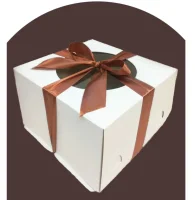 Комплект: Коробка под торт ПРЕМИУМ (белая), подложка и лента (золото) 300*300*280 Белый - фото