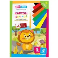 Картон цветной А4, ArtSpace, 8л., 8цв., мелованный, в папке, "Львенок", "Тигренок" 290873/290872  - фото