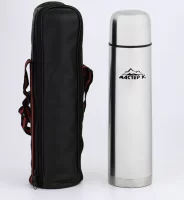 Термос, 1 л, Гильза "Мастер К.", с кружкой, сохраняет тепло 24 ч, в чехле, хром, арт. 7163819 Серебро - фото