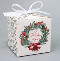 Коробка складная квадратная с лентой «С Новым годом» 12 × 12 × 12 см, 9756554 Белый - фото