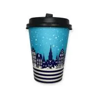 Комплект: Стакан бумажный для горячего 350мл Зима + Крышка черная + Трубочка бумажная белая 6*197мм, 5шт Голубой - фото