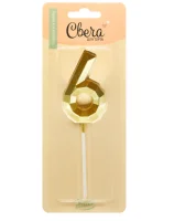 Свеча Цифра, 6 Объемные грани, на шпажке, Золото, Металлик, 4,5*7 + 7 см, 1 шт. с держат. 803066  - фото