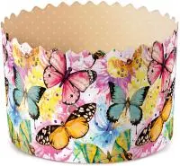 Форма бумажная круглая для кулича 200мл (90*90) Бабочки цветные 1/50  - фото