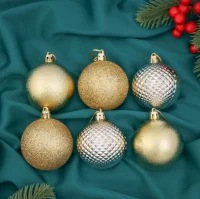 Набор шаров пластик d-6 см, 6 шт "Призма" серебристо-золотой арт.3259650  - фото