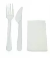 Набор одноразовый столовых приборов прозрачный ( вилка прозр ,нож прозр, салфетка) Прозрачный - фото