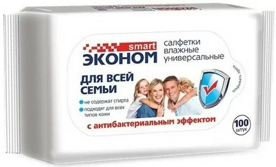Салфетки влажные Смарт Эконом для всей семьи №100 с антибактериальным эффектом б/клапана (16) 30258  - фото