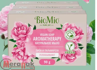 BioMio. Натуральное мыло. Пион и эфирное масло пальмарозы, 90г, арт. 520.04401.01 Розовый - фото