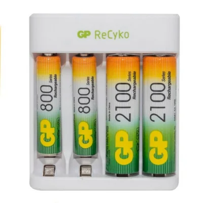 Зарядное устройство USB GP E411210/80-2CRB4,4 сл.АА/ААА в компл.:2*АА 2100мАч,2*ААА 800мАч(12)  - фото