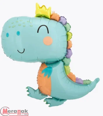 Шар с клапаном (14''/36 см) Мини-фигура, Динозаврик в короне, 1 шт.( надув воздухом)  - фото
