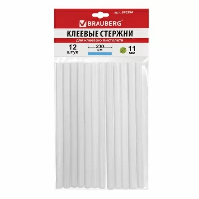 Клеевые стержни 11 мм длина 200мм прозрачные комплект 12шт BRAUBERG европодвес 670294 Прозрачный - фото