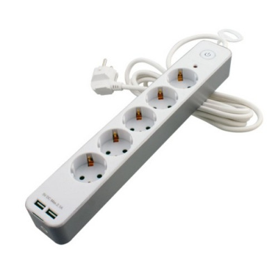 Удлинитель-фильтр СТАРТ SP 5*3 2USB M 5р 3м, с заземл.,с кноп.,штор. 3*1 мм, 3680 В,белый+сер.10/20  - фото