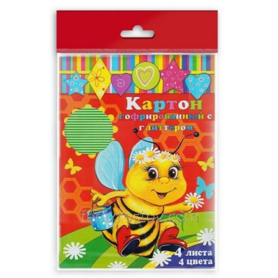 Картон "гофрированный"  арт.28579/10 с глиттерным напылением (мелконарезанная ПЭТ-пленка),  (плотн. 200 г/м2, в наборе 4 л, разм. 210*297мм)  - фото