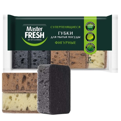 Губки д/мытья посуды MASTER FRESH закругленные края, 5шт, темный микс, С0008601 (30) Серый - фото