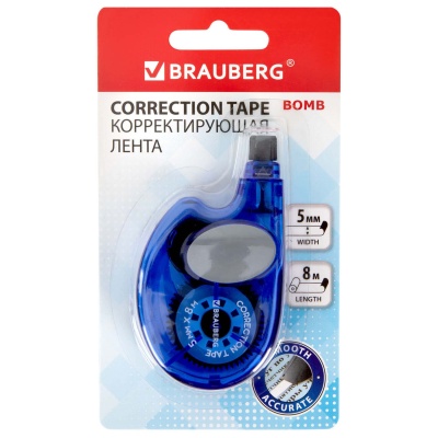 Корректирующая лента BRAUBERG "Bomb", 5 мм х 8 м, корпус темно-синий с резиновой вставкой, 273024  - фото