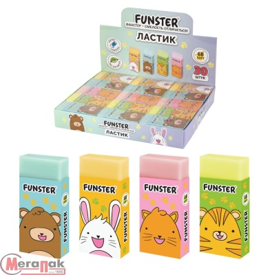 Ластик FUNSTER (ФАНСТЕР) "ANIMALS", 50х24х10 мм, прямоугольный, экологичный ПВХ, микс, 272730 (60) Микс - фото