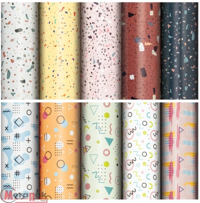 Бумага упаковочная мелованная "Terrazzo&Memphis" 70*100см, 10 дизайнов ассорти ЗОЛОТАЯ СКАЗКА 592054 Микс - фото