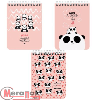 Блокнот МАЛЫЙ ФОРМАТ А6 108х145мм, 40л, гребень, картон, клетка, BRAUBERG KIDS, Панды, 114393  - фото