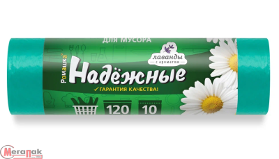 Мешки д/мусора ПСД, НАДЕЖНЫЕ Ромашка 120л, в рул. 10шт, зеленые с ушками (24), 16,5мкм, ВЛ-120-04У Зеленый - фото