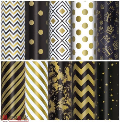 Бумага упаковочная мелованная "Golden pattern" 70x100см, 10 дизайнов ассорти, ЗОЛОТАЯ СКАЗКА, 591912 Микс - фото