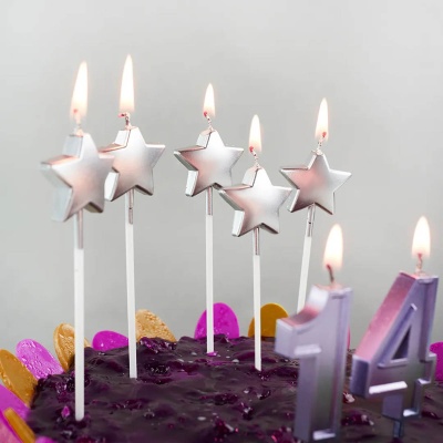 Свечи Звезда, на шпажке, Серебро, Металлик, 2,5*3 + 11,5 см, 5 шт. с держат.  - фото