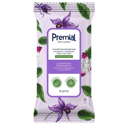 Салфетки влажные PREMIAL la fleur очищающие (роза, орхидея) 15 шт (48)  - фото
