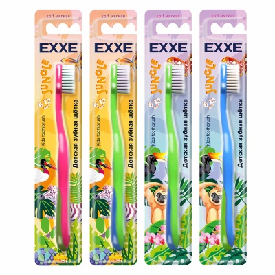 Зубная щетка EXXE Детская серия Джунгли 6-12 лет (мягкая), 1 штука С0007707  - фото